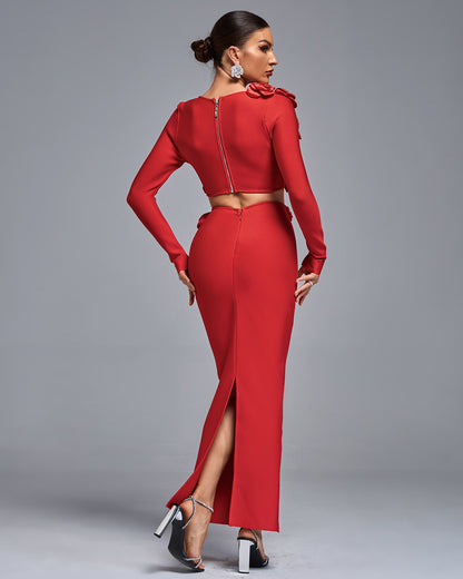 LLstyle Red 3D Rose Cut-Out Gown
