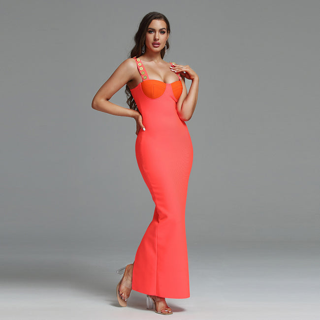 LLstyle Neon Coral Embellished Bustier Maxi Dress