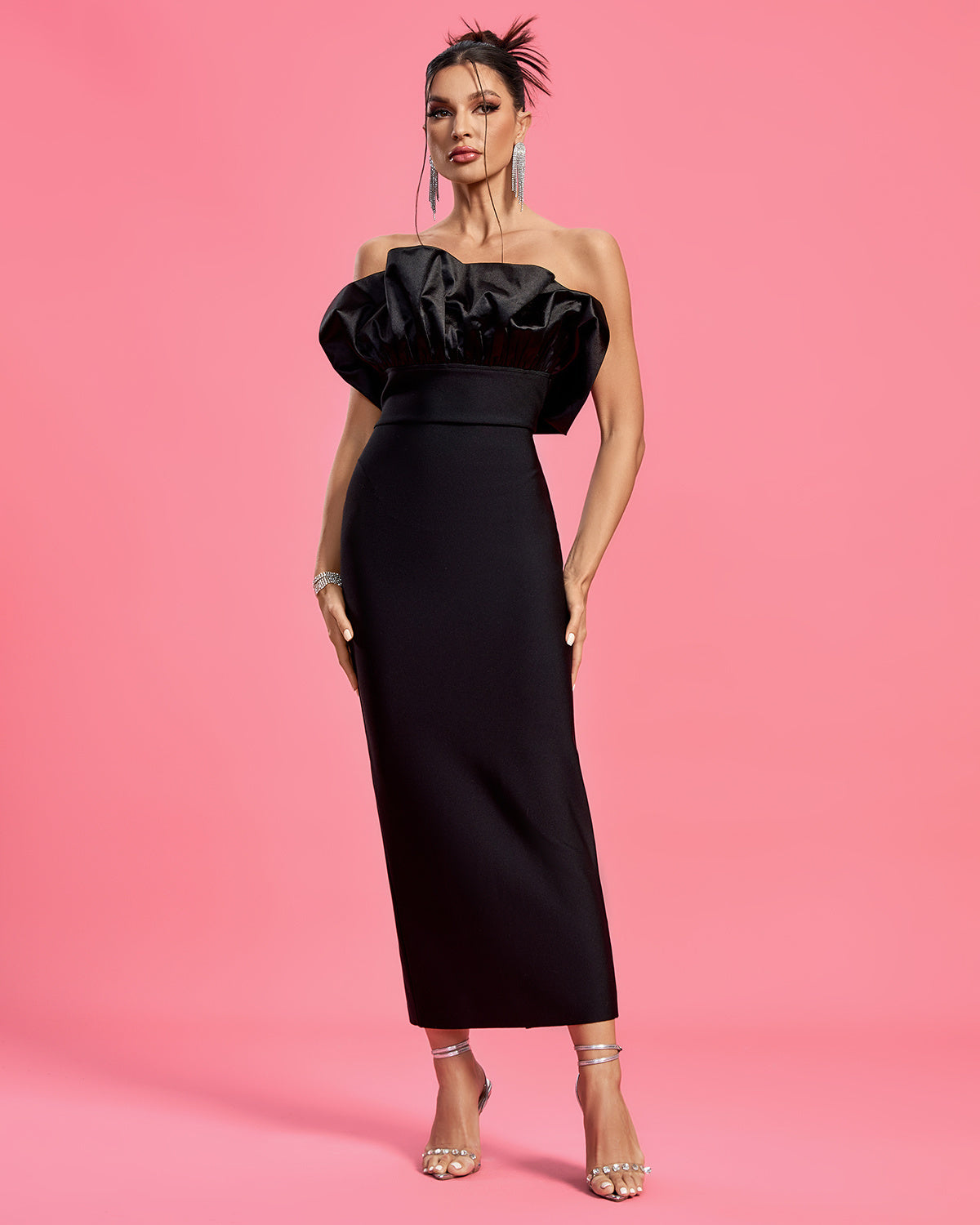 LLstyle Black Off-Shoulder Satin Bodycon Maxi Dress