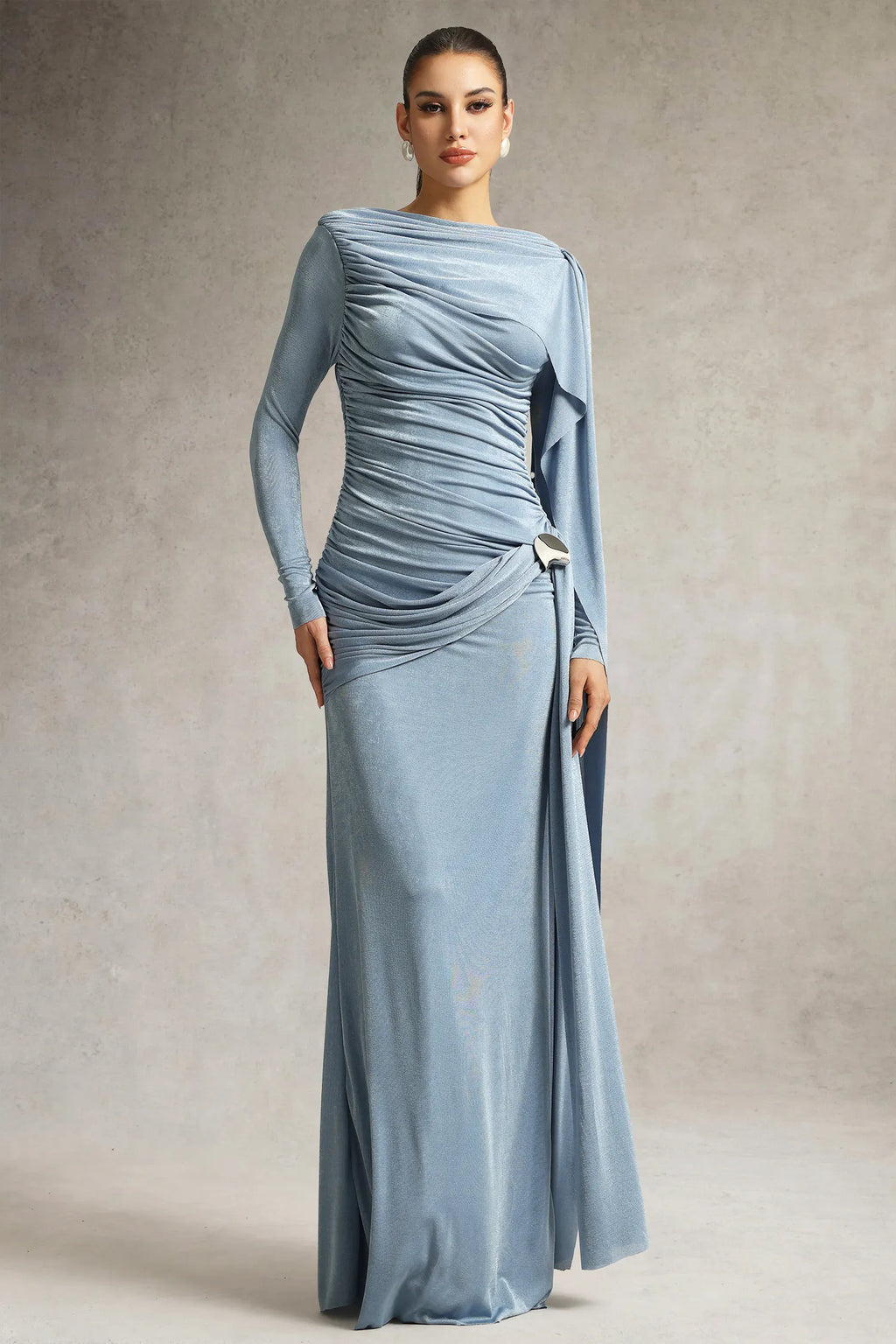 Jade Draped One-Shoulder Ruched Maxi Dress