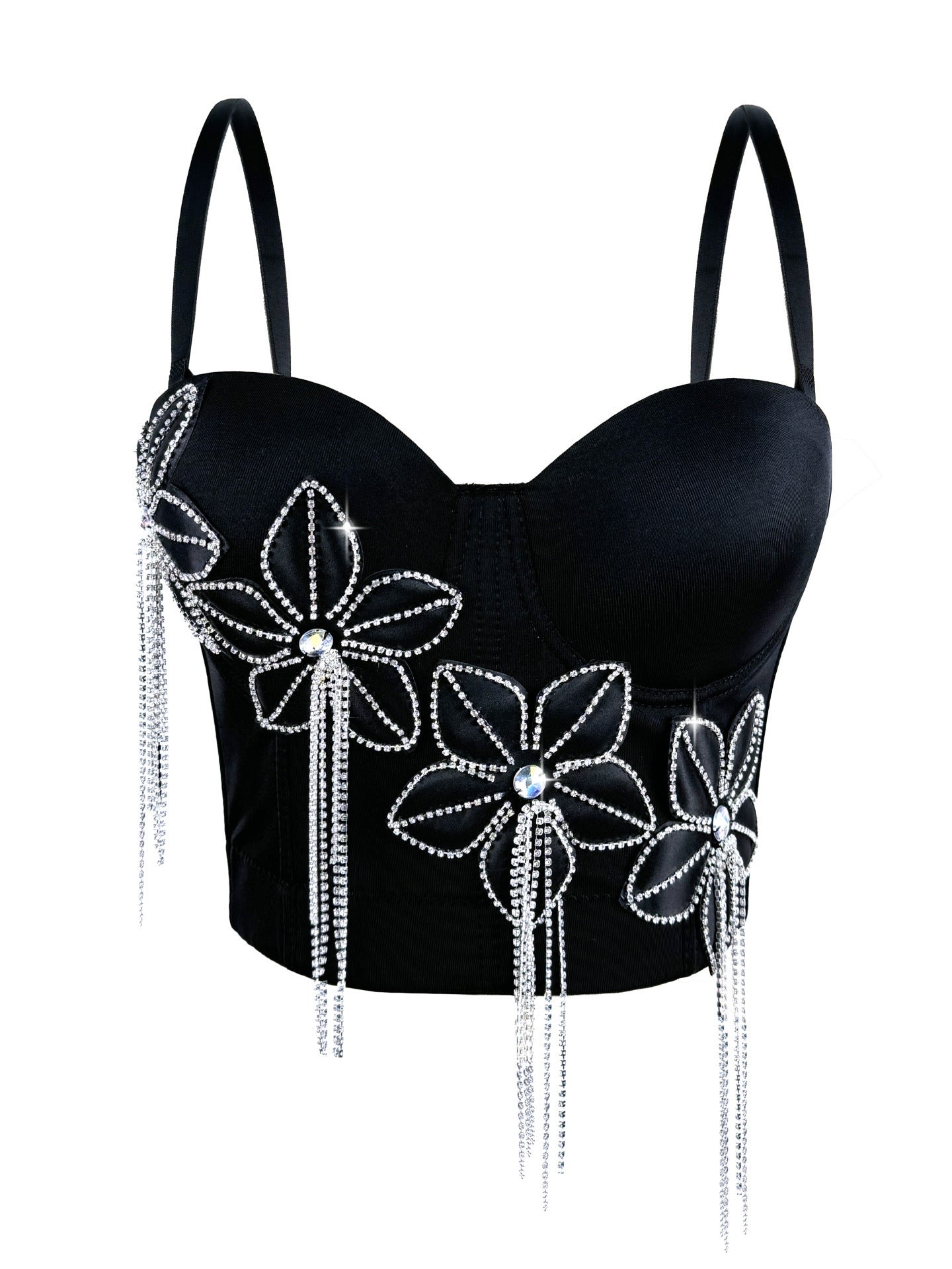 Llstyle Black Rhinestone Floral Corset Top