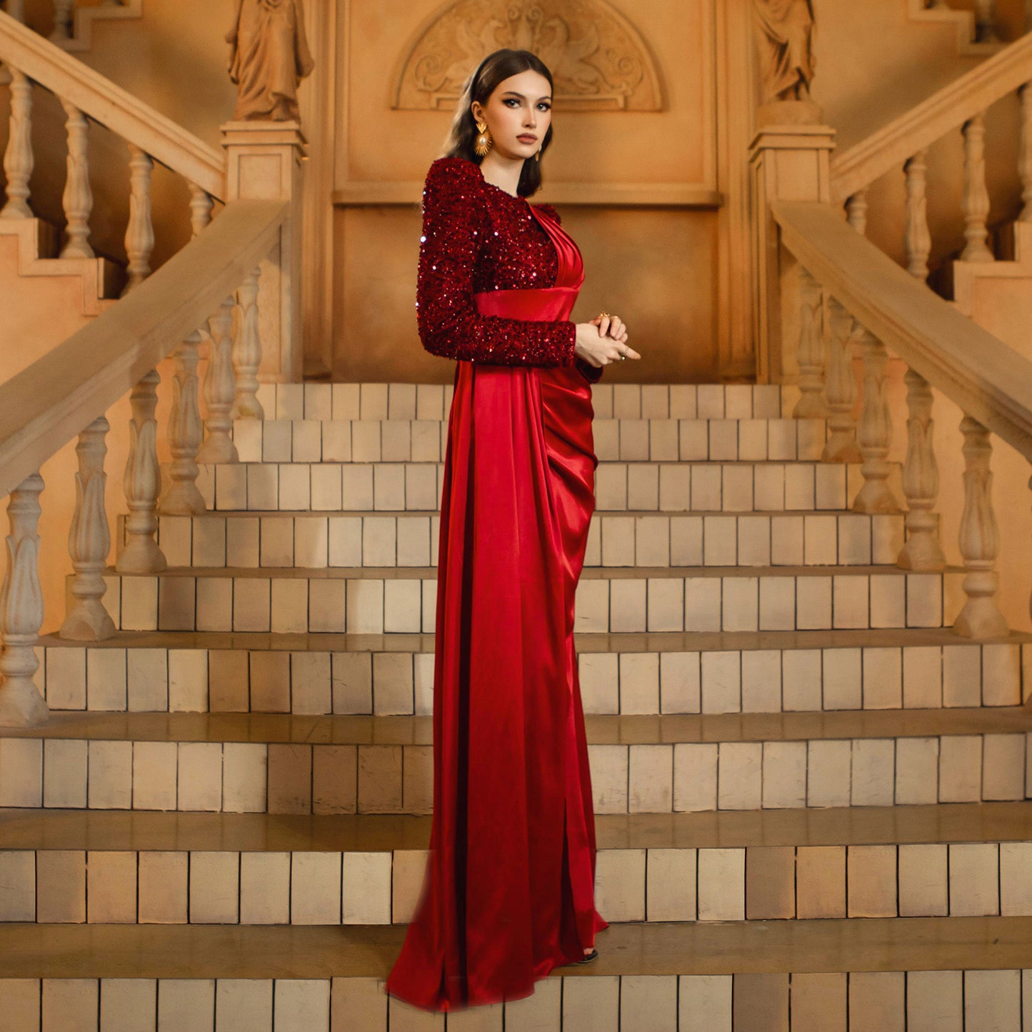 LLstyle Burgundy Sequin & Satin Draped Maxi Dress