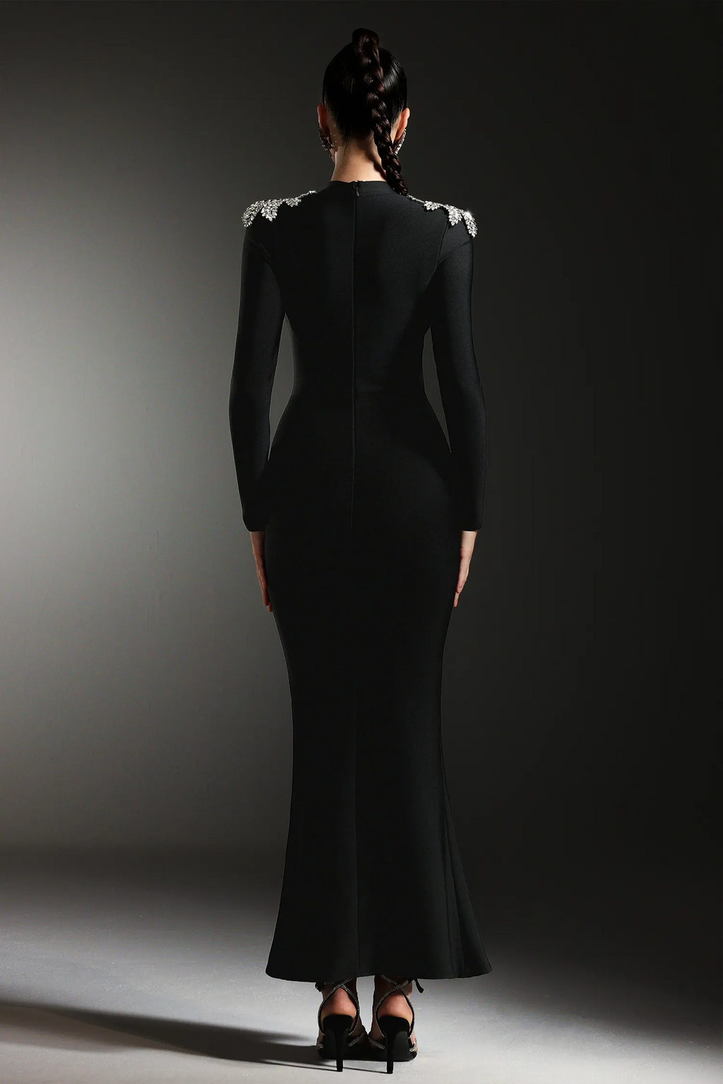 Velvette Crystal-Embellished High-Neck Gown with Slit