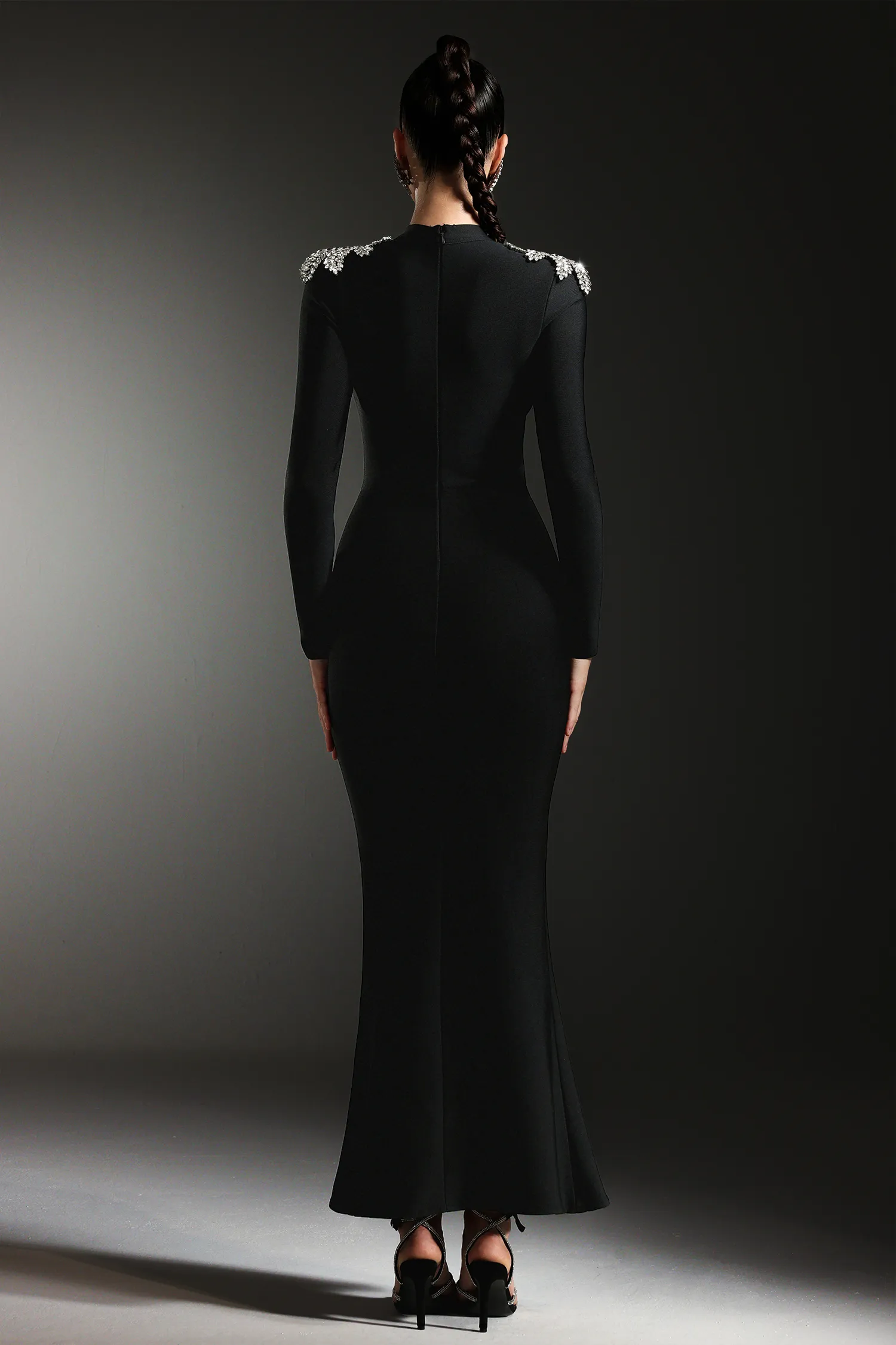 LLstyle Crystal-Embellished High-Neck Gown with Slit