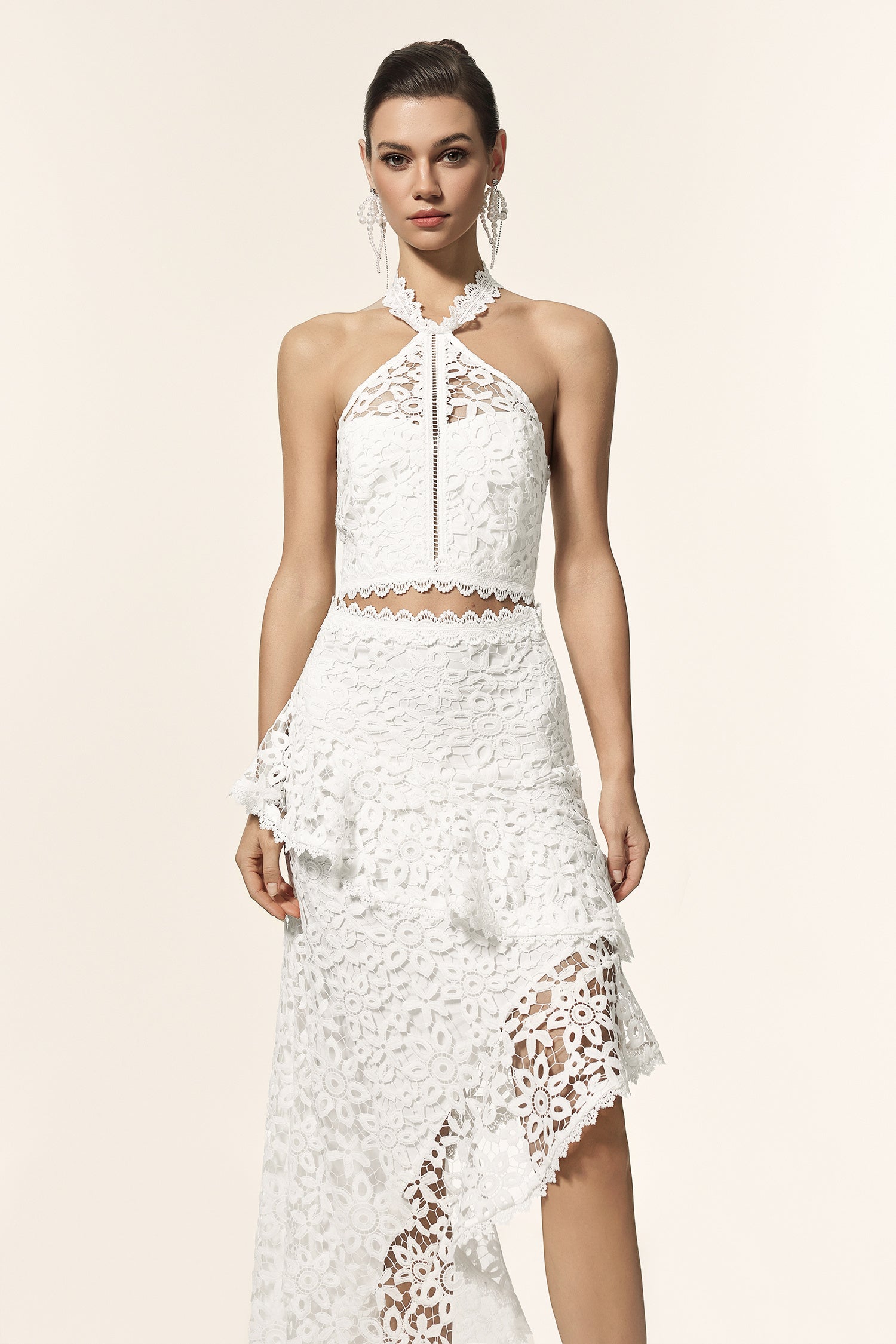 LLstyle White Lace Halter Crop Top & Asymmetrical Midi Skirt Set