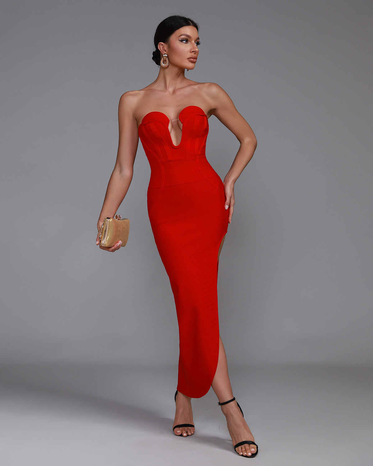 LLstyle Red Strapless Sculpted Midi Dress