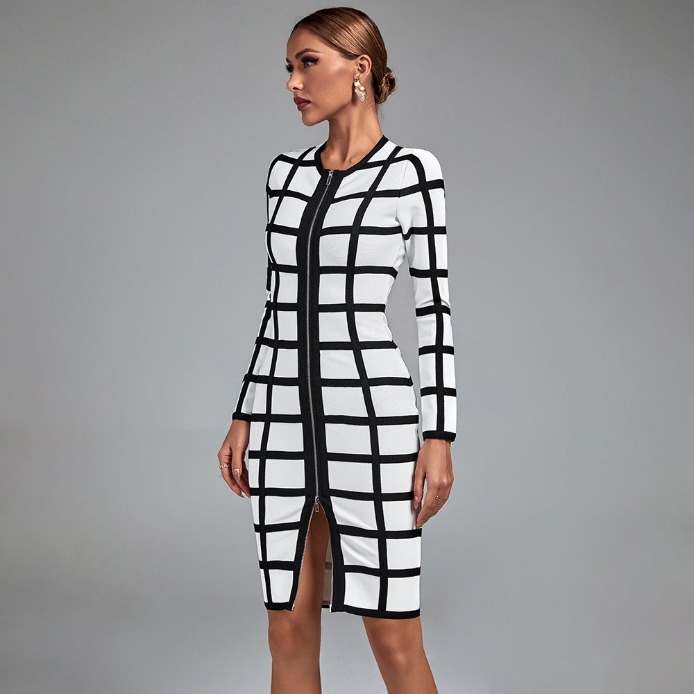 LLstyle Black and White Grid Belted Dress