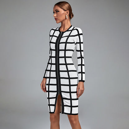 LLstyle Black and White Grid Belted Dress
