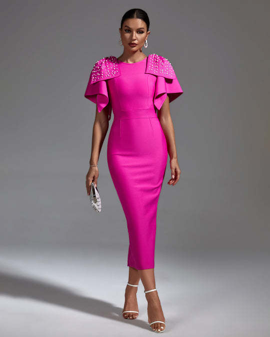 LLstyle Fuchsia Pearl Cape Sleeve Midi Dress