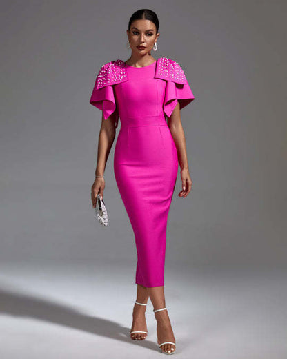 LLstyle Fuchsia Pearl Cape Sleeve Midi Dress