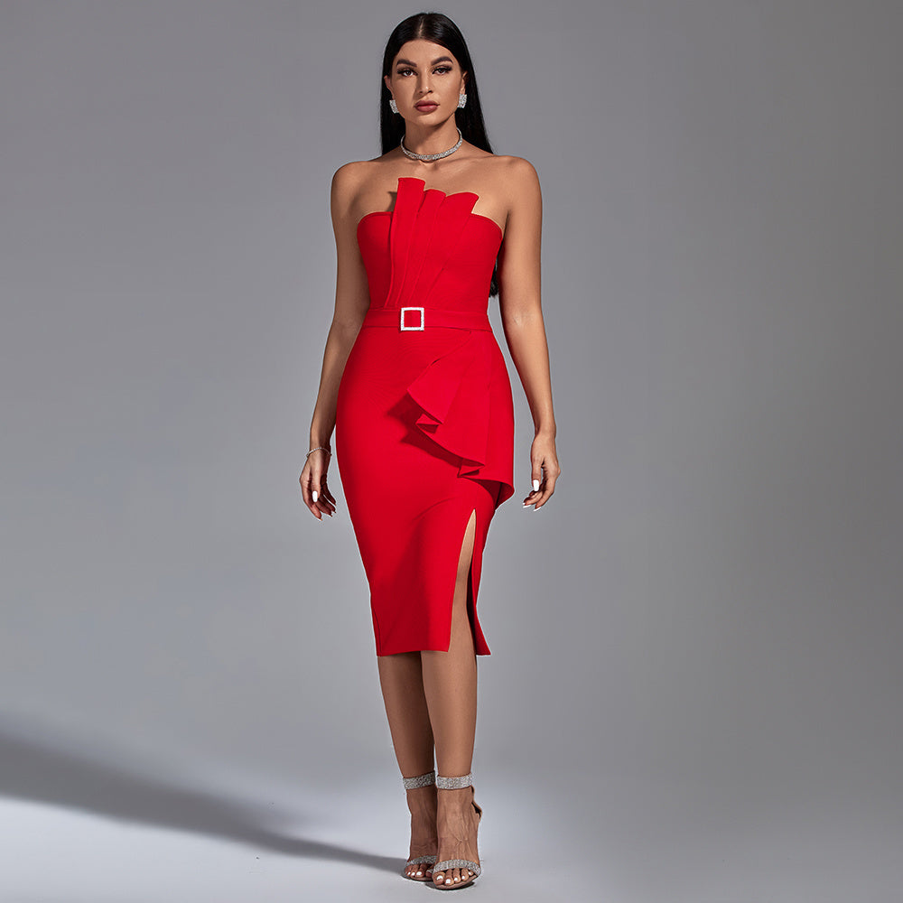LLstyle Elegant Red Strapless Ruffle Midi Dress