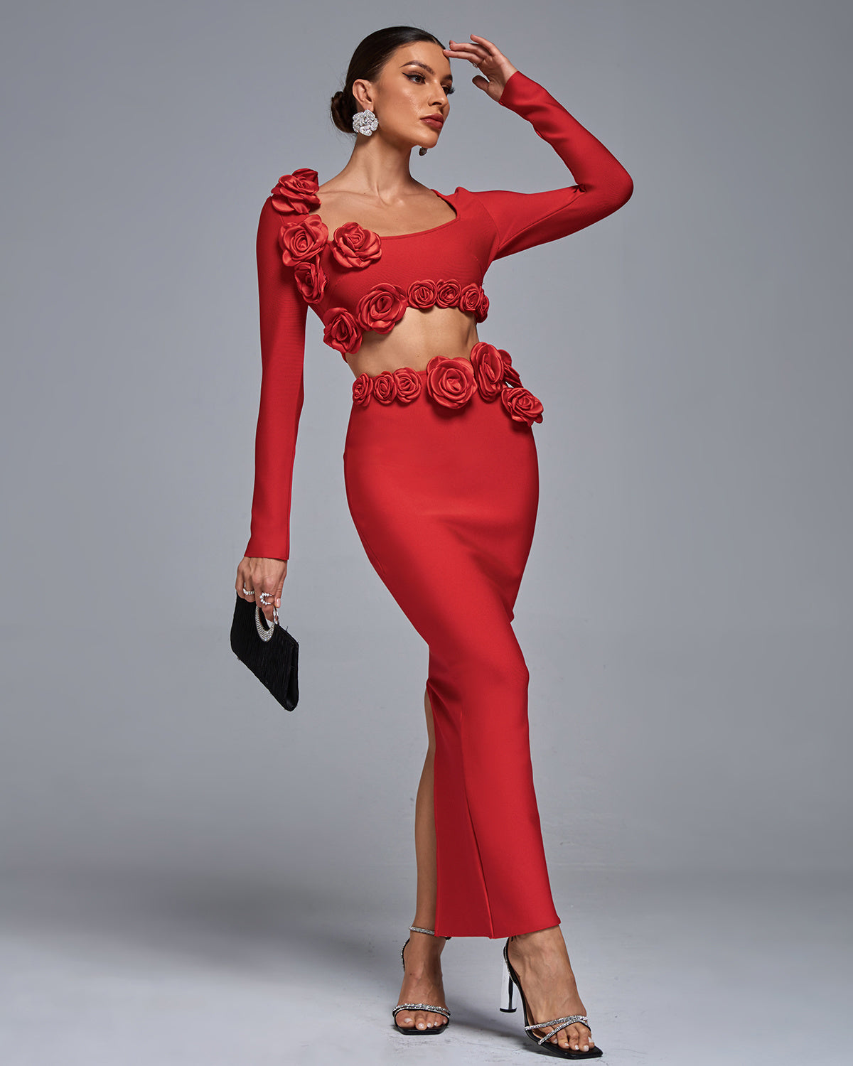 LLstyle Red 3D Rose Cut-Out Gown