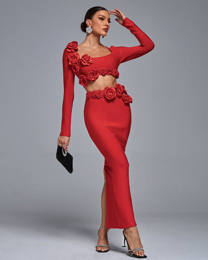 LLstyle Red 3D Rose Cut-Out Gown
