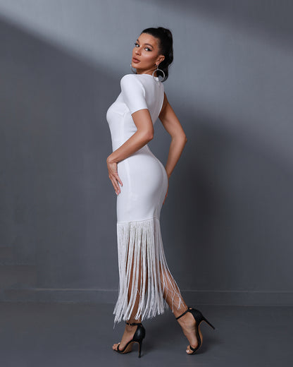 LLstyle White Fringe One Shoulder Dress