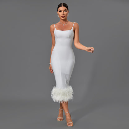 LLstyle White Feather-Hem Midi Dress
