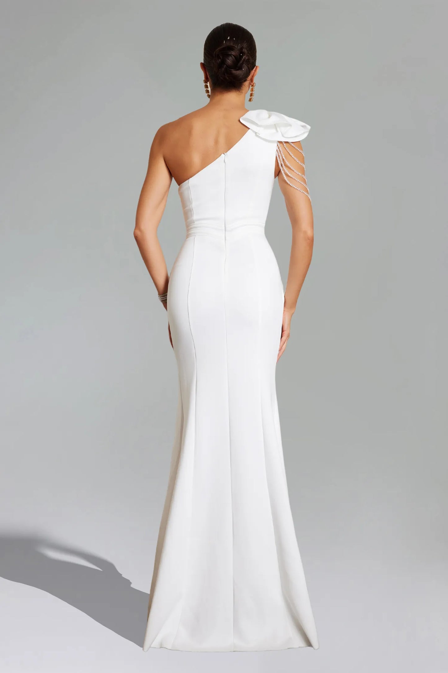 LLstyle White One-Shoulder Floral Gown