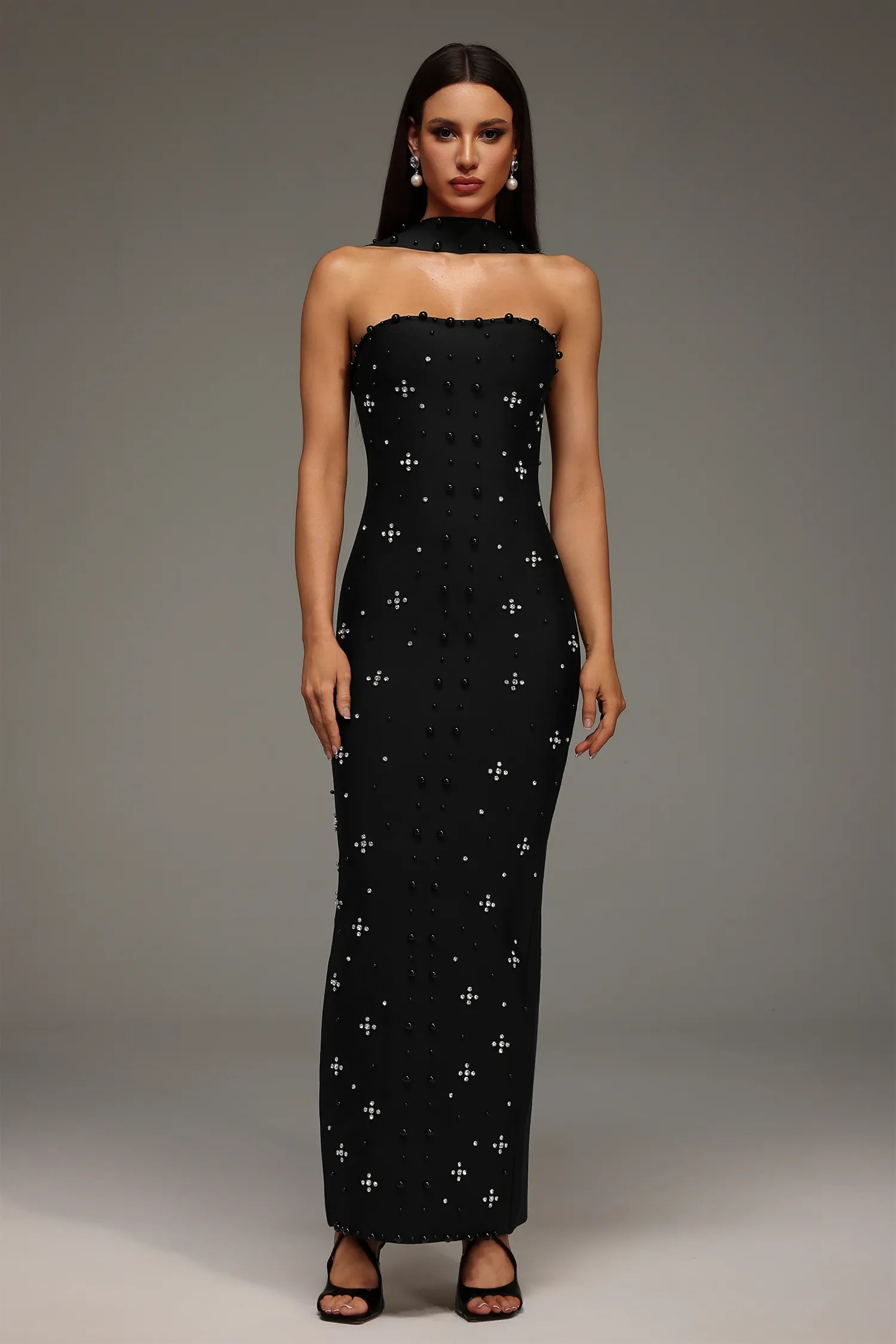 LLstyle Crystal Choker Strapless Maxi Dress