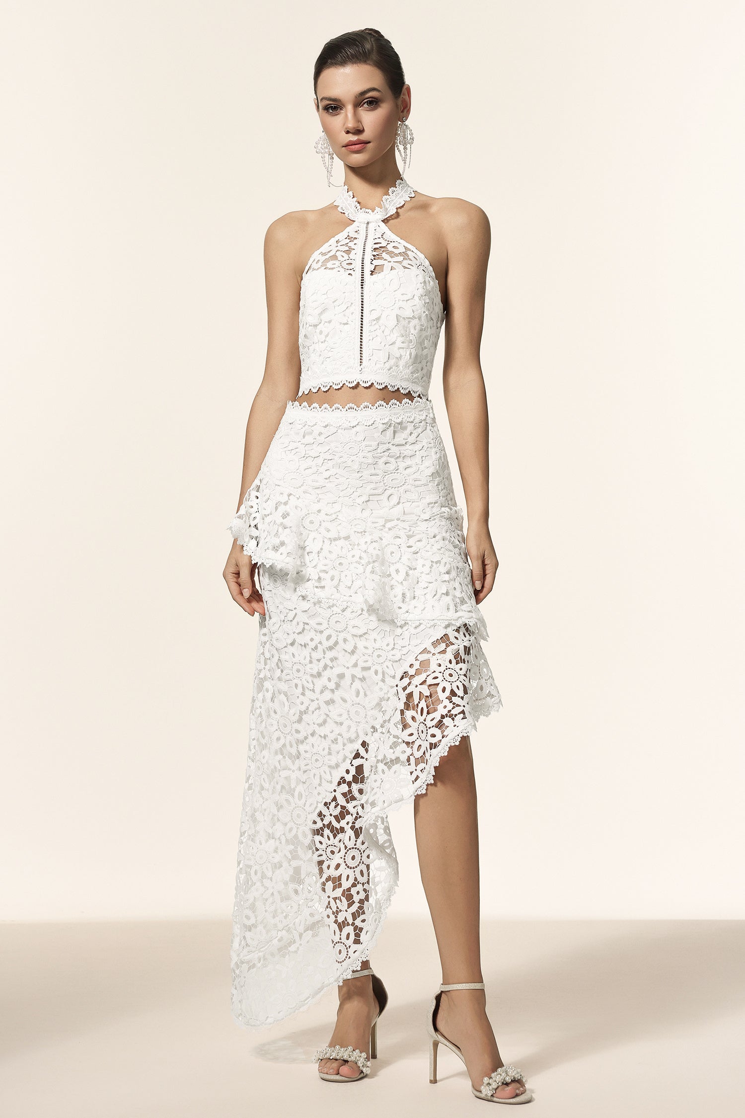 LLstyle White Lace Halter Crop Top & Asymmetrical Midi Skirt Set