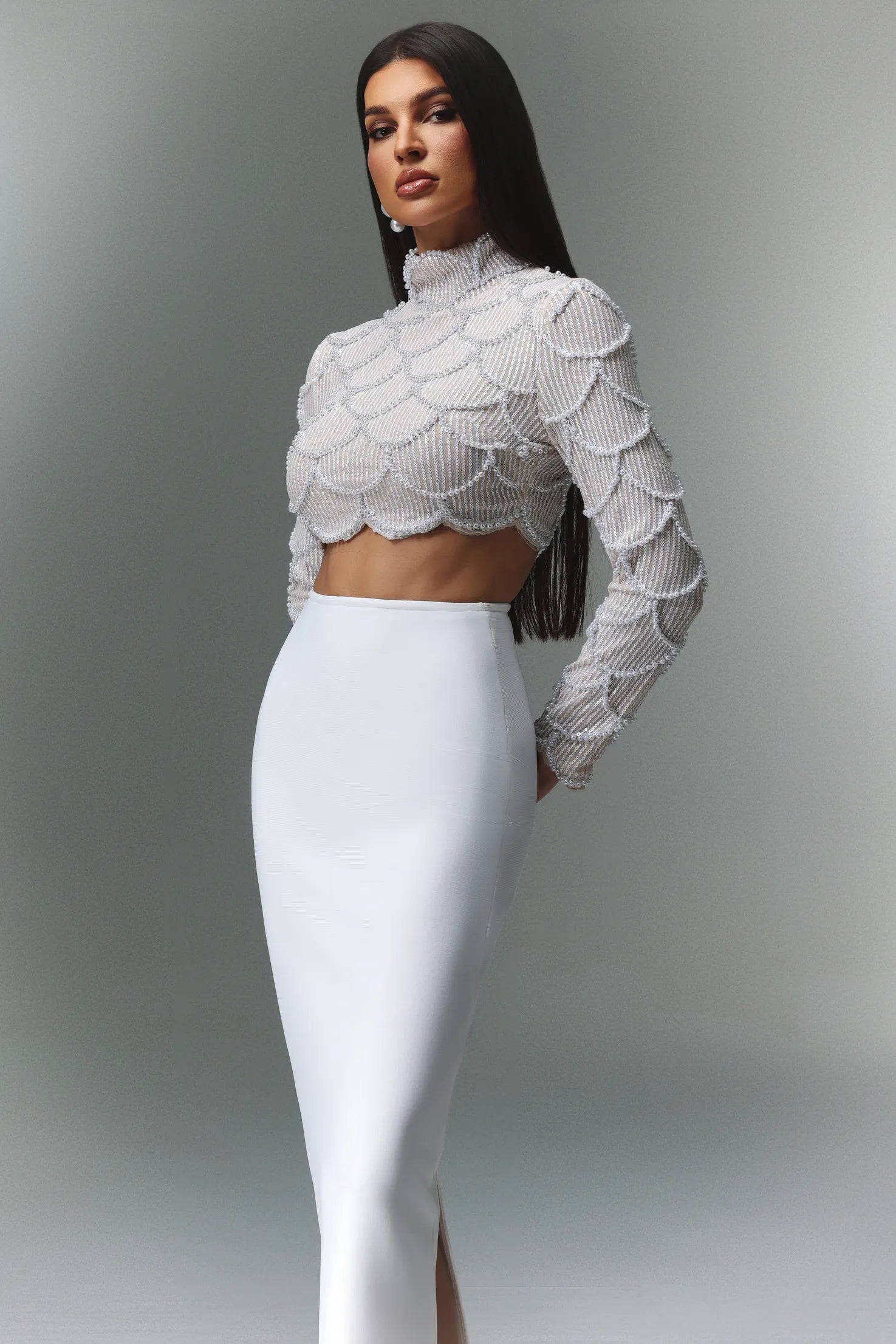 LLstyle Pearl-Embellish Top & Maxi Skirt Set
