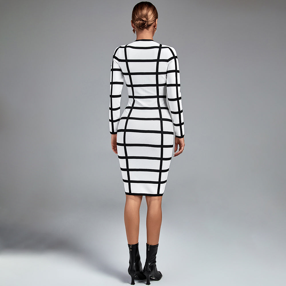 LLstyle Black and White Grid Belted Dress