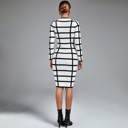 LLstyle Black and White Grid Belted Dress