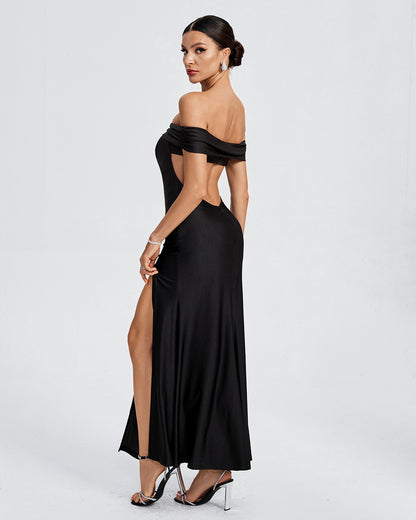 LLstyle Off-Shoulder Black Slit Evening Gown