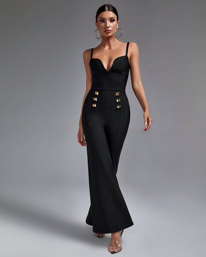 LLstyle Black Gold-Detail Flare-Leg Jumpsuit