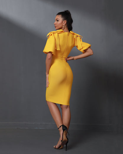 LLstyle Yellow Puff-Sleeve Bow Detail Midi Dress