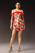 Floral Appliqué Off-Shoulder Mini Dress