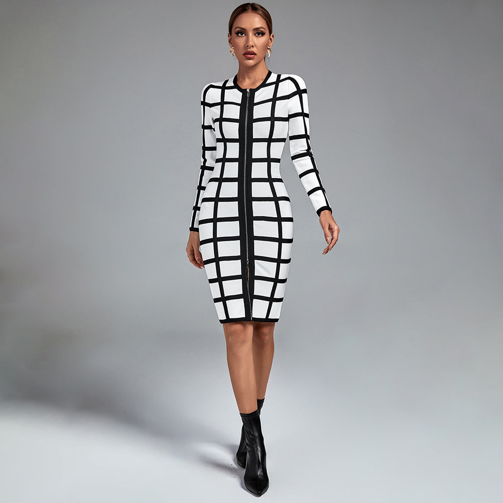 LLstyle Black and White Grid Belted Dress