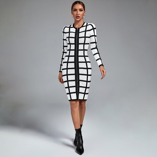 LLstyle Black and White Grid Belted Dress