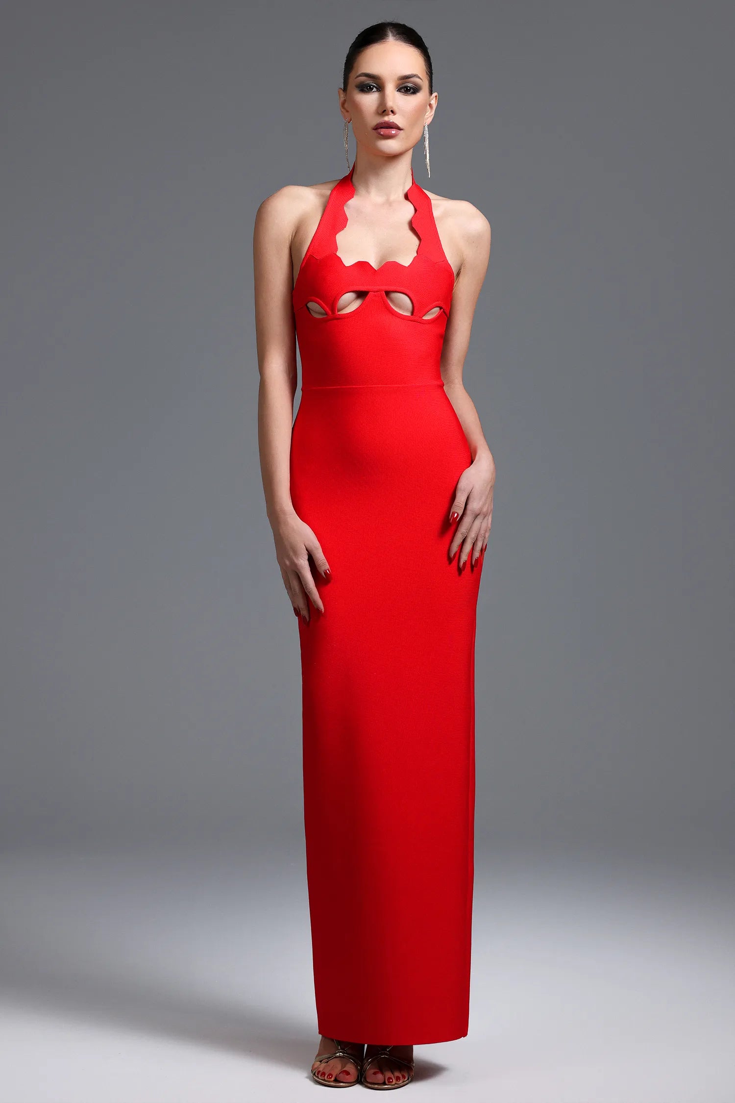 LLstyle Red Scalloped Halter Cut-Out Maxi Dress