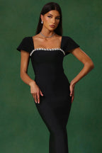 Avalon Black Crystal-Trim Square-Neck Maxi Dress