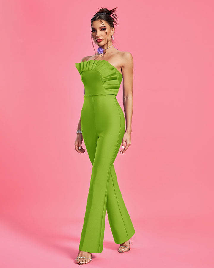 LLstyle Green Strapless Ruffle-Bodice Wide-Leg Jumpsuit