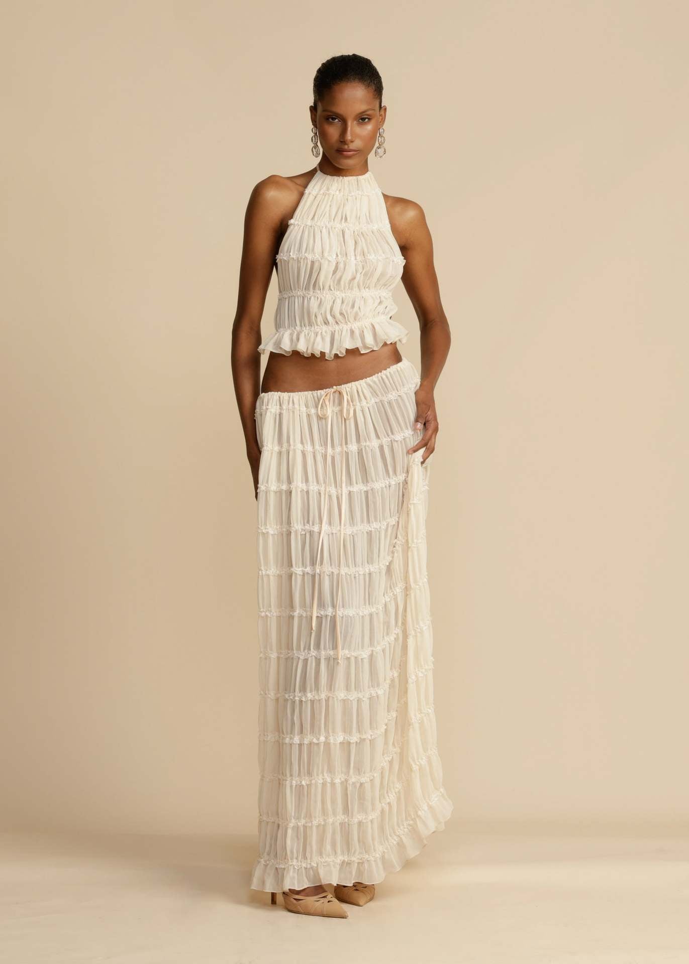 LLstyle Ruffle Halter Crop Top & Tiered Maxi Skirt Set