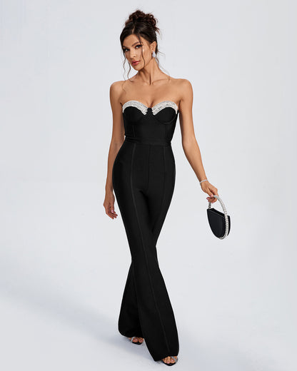LLstyle Black Strapless Crystal Bust Jumpsuit