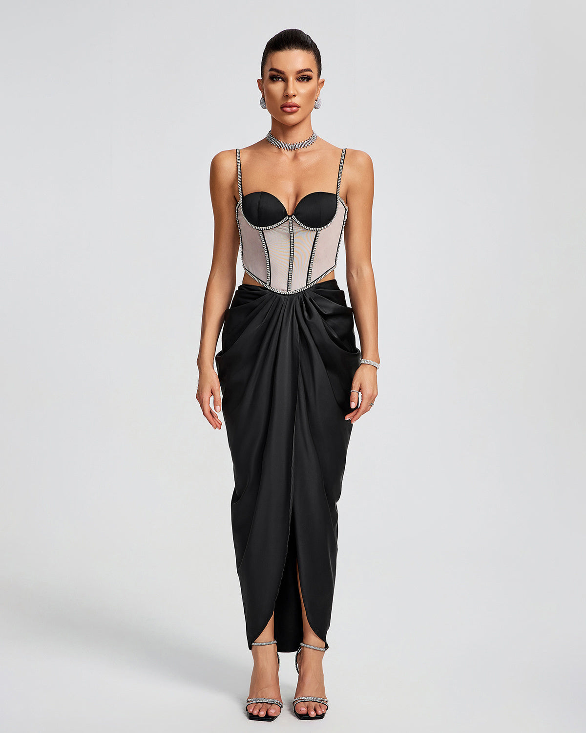 LLstyle Rhinestone Corset Satin Maxi Dress