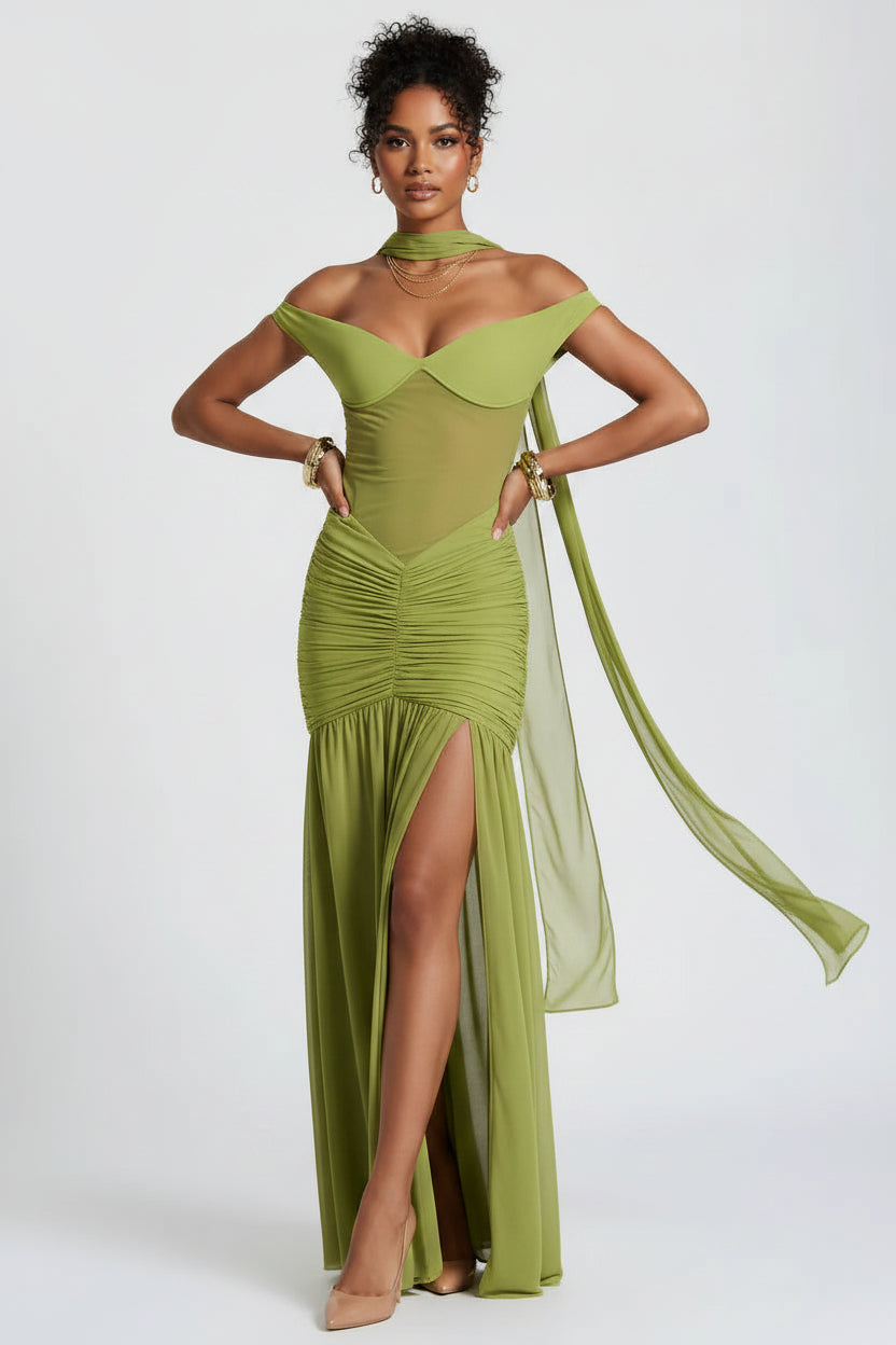 Julia Ruched Mesh Halter Maxi Dress
