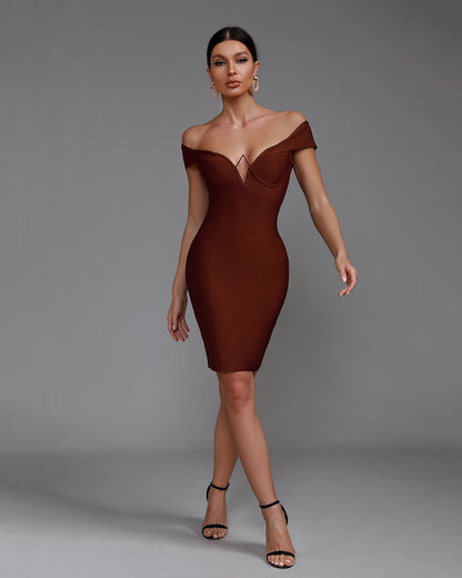 LLstyle Brown Off Shoulder Bandage Dress