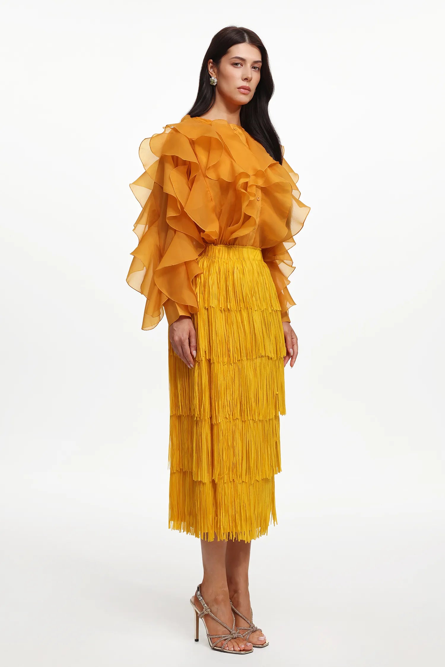 LLstyle Golden Ruffle Blouse & Fringe Maxi Skirt Set