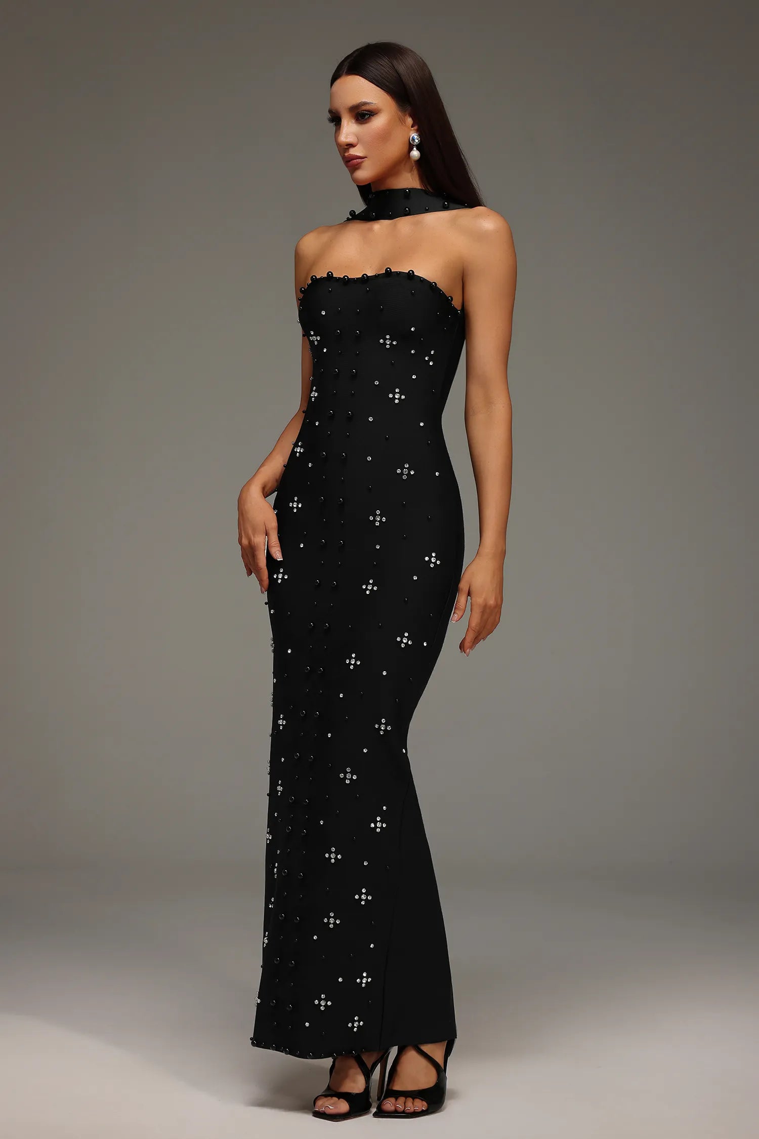 LLstyle Crystal Choker Strapless Maxi Dress