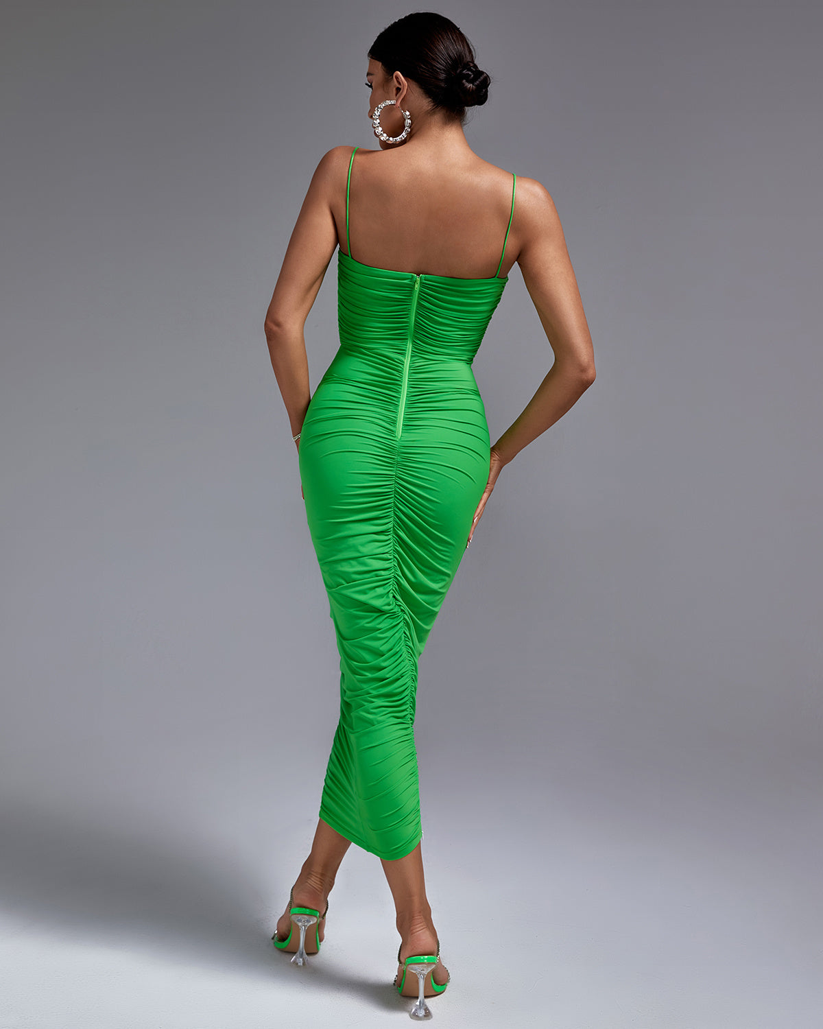 LLstyle Green Ruched Spaghetti Strap Midi Dress