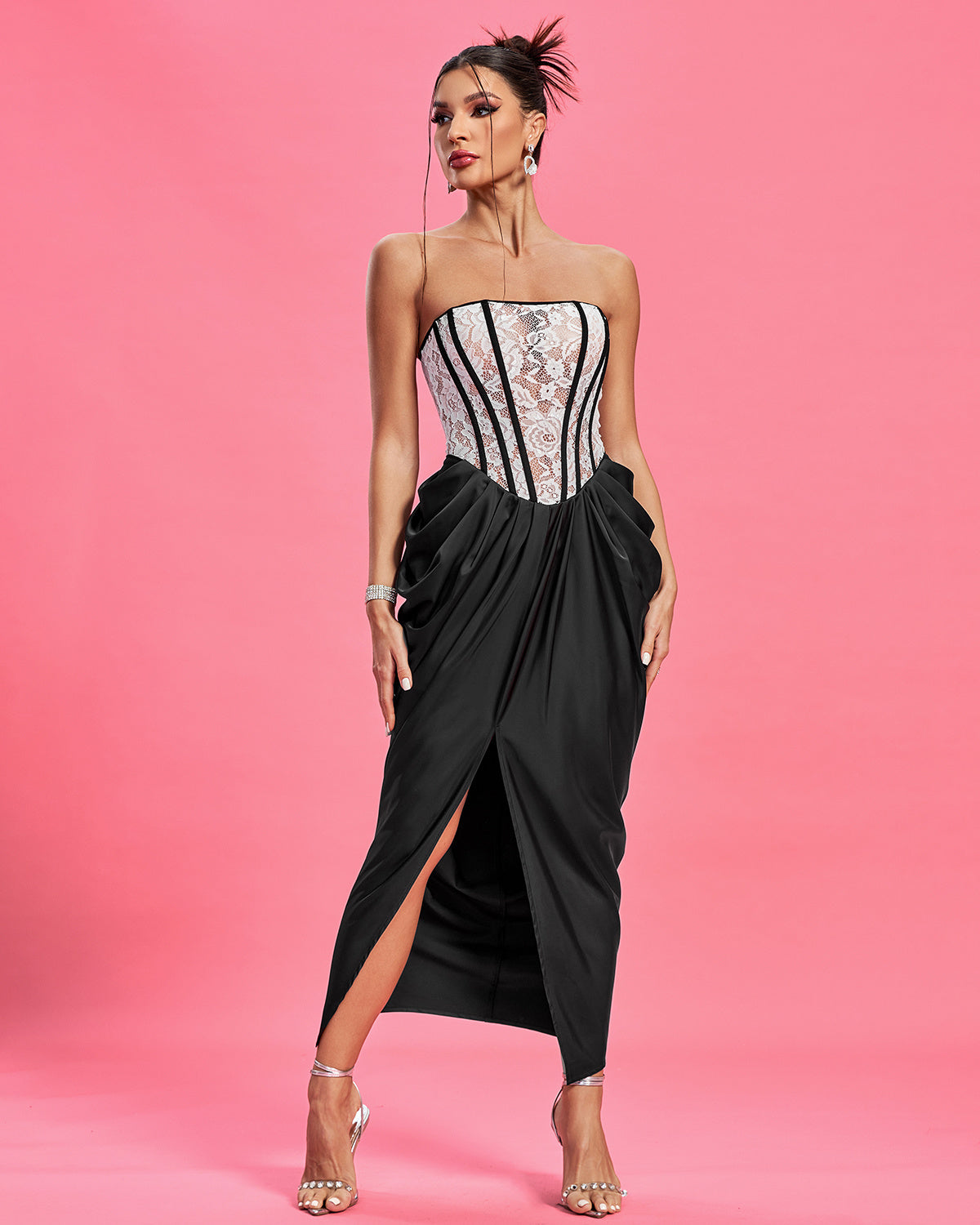 LLstyle Black & White Lace Corset Maxi Dress