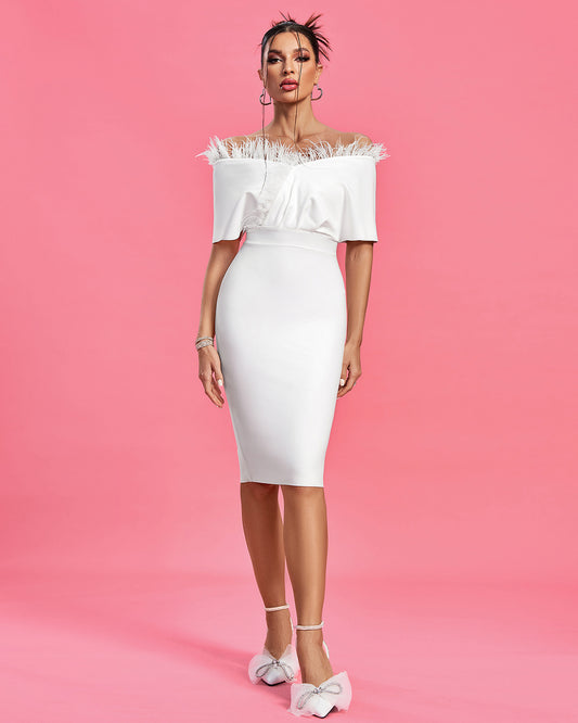 LLstyle White Off-Shoulder Feather Trim Midi Dress