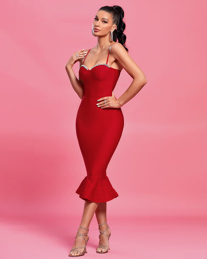 LLstyle Red Embellished Bustier Midi Dress
