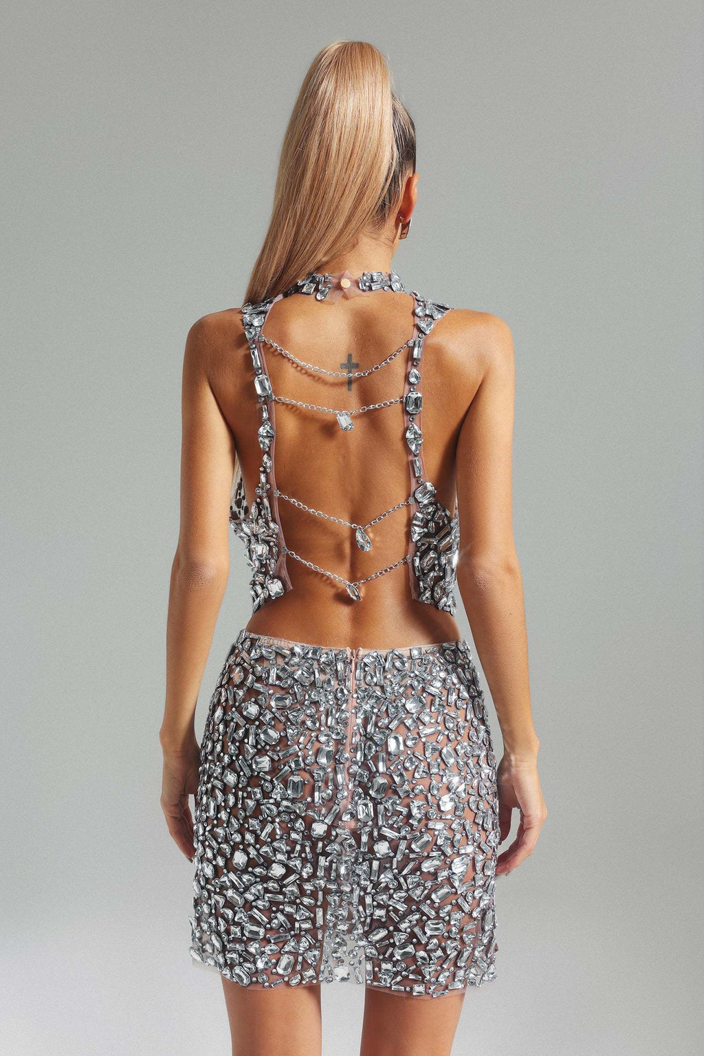 LLstyle Crystal Illusion Backless Mini Dress