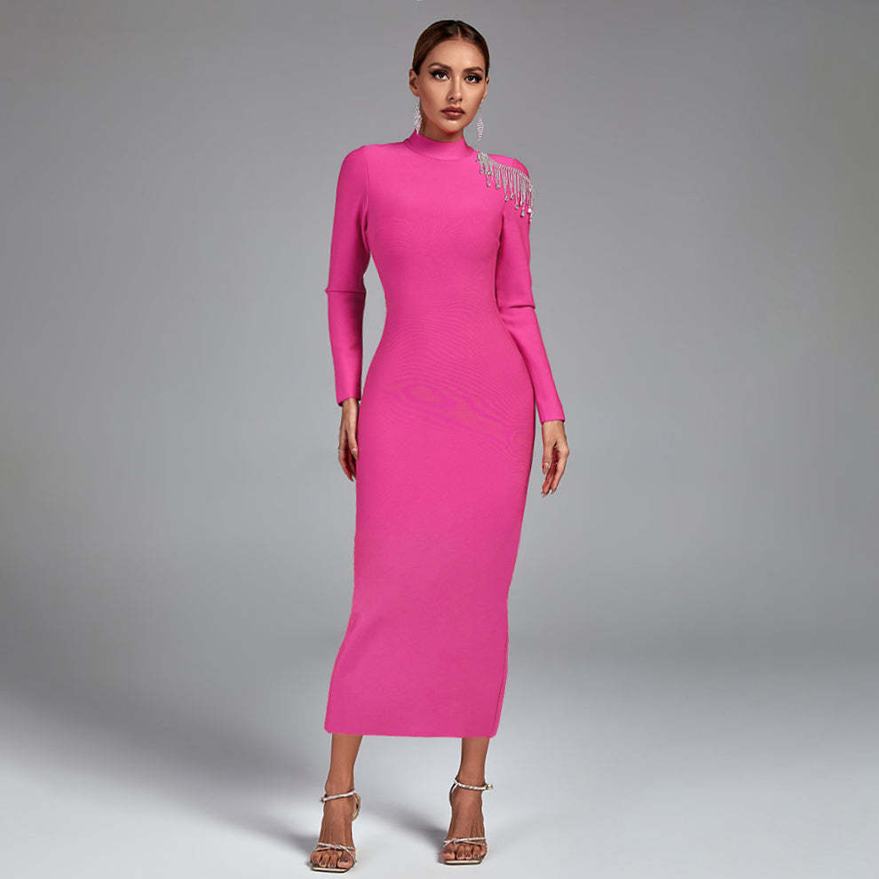 LLstyle Pink Crystal Backless Maxi Dress
