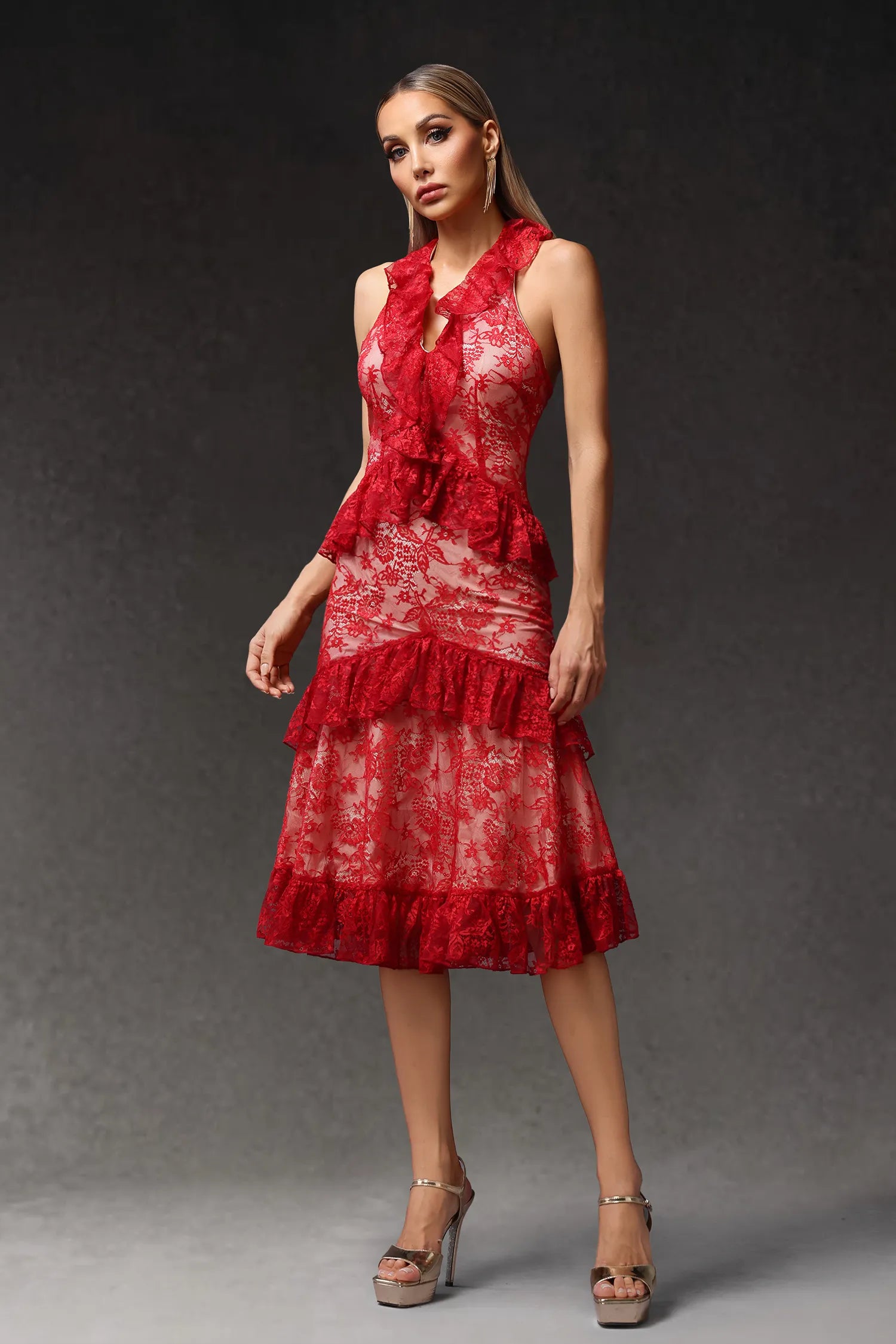 Megan Ruffled Lace Midi Dress