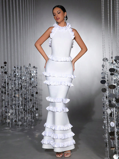 LLstyle Ruffled Halter Backless Maxi Dress