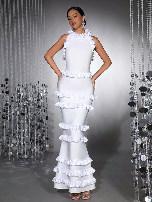 LLstyle Ruffled Halter Backless Maxi Dress